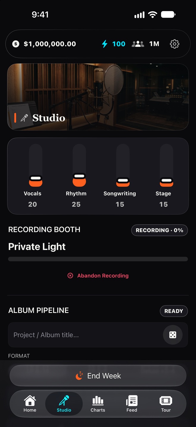 The Studio: recording booth, skill faders and album pipeline
