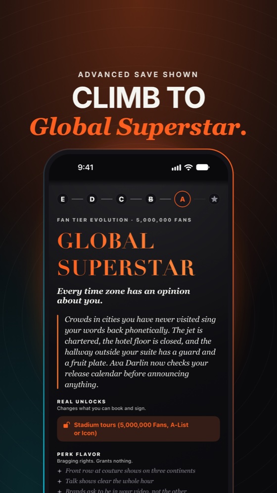 Climb to Global Superstar. Advanced save shown.